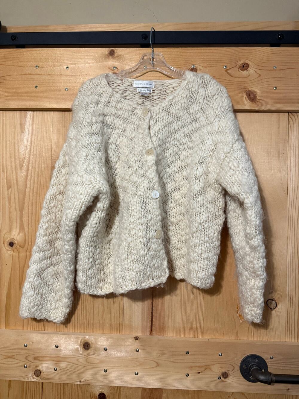 VTG 100% Wool Cardigan Hand Knit Casual Corner Cottage Chunky Grandma Beige Sz M